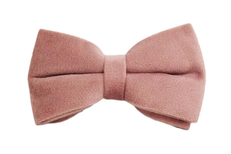 Light purple pink velvet dog collar and accessories set showing multiple pieces including collar, leash, bow tie, and vest