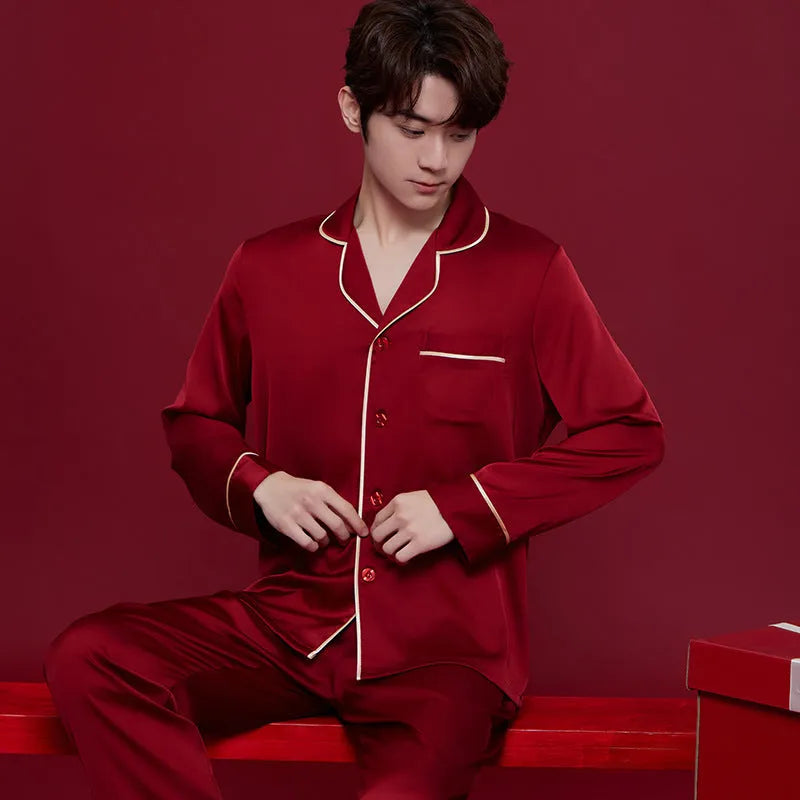 Red polyester ice silk sleepwear set for men and women with long sleeves and trousers