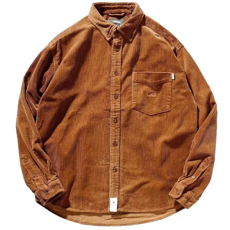 Men's loose corduroy long sleeve shirt cardigan in caramel colour with Hong Kong style fit