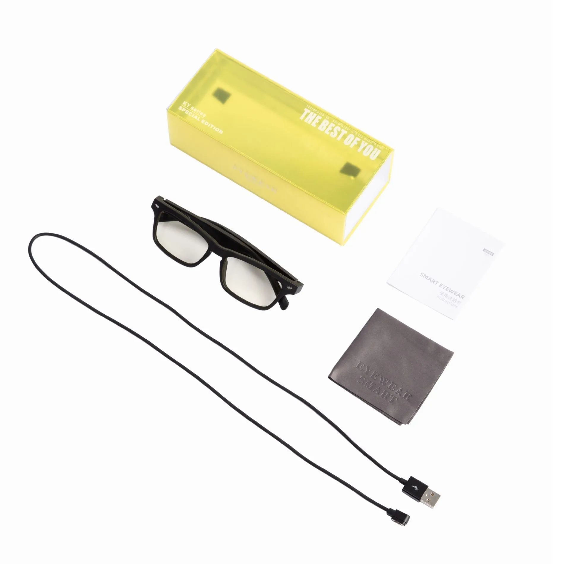 Smart Bluetooth audio glasses with semi-open ear speakers and dark polarised lenses.
