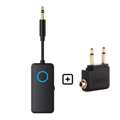 Black Bluetooth 5.4 audio adapter with flexible 3.5mm plug for wireless streaming to wired sound systems