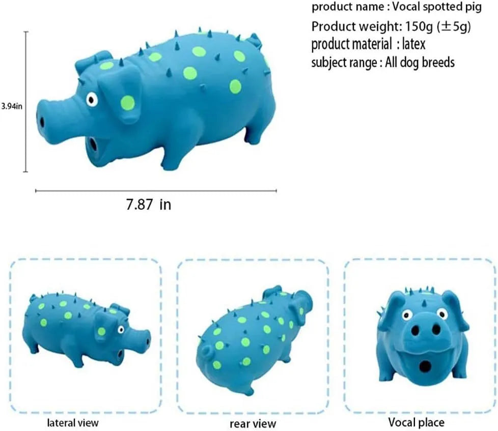 Colourful pig-shaped latex dog chew toy with textured surface for teeth cleaning