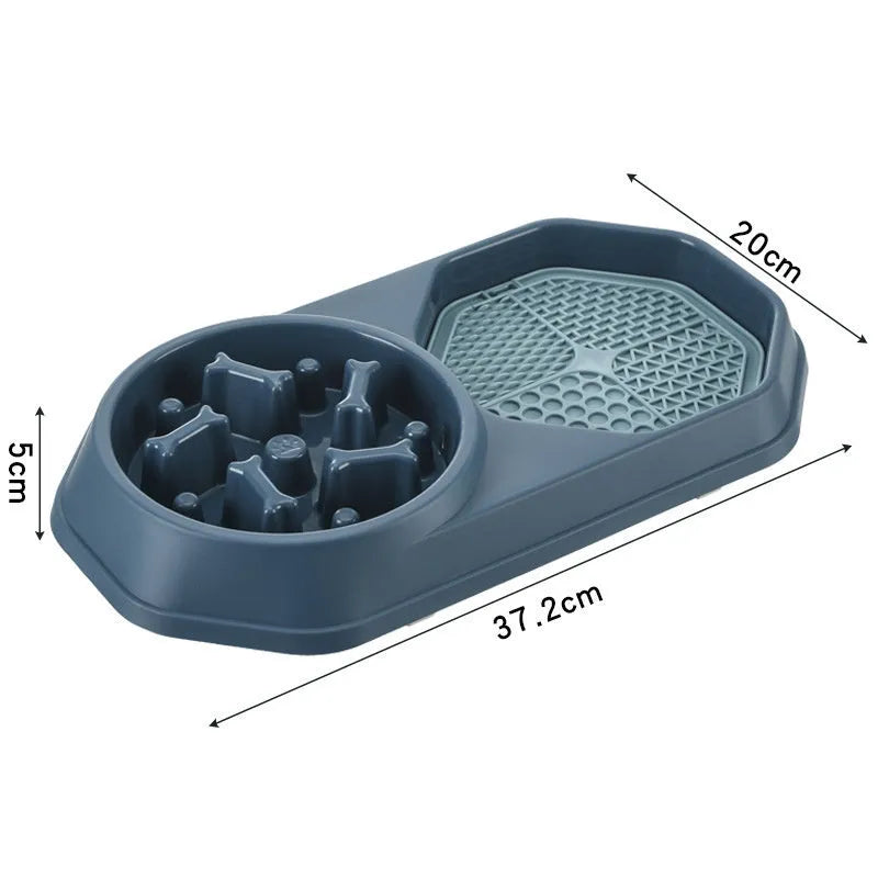 Blue slow feeder puzzle dog bowl with maze pattern and non-slip base
