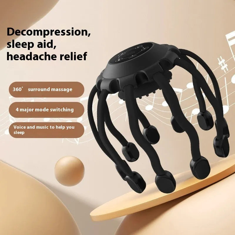 Black head massager with multiple vibrating claws on a scalp, showing four speed mode buttons and USB charging port