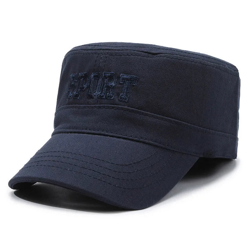 Men's cotton flat-top peaked cap in adjustable size, shown in dark blue army green colour.