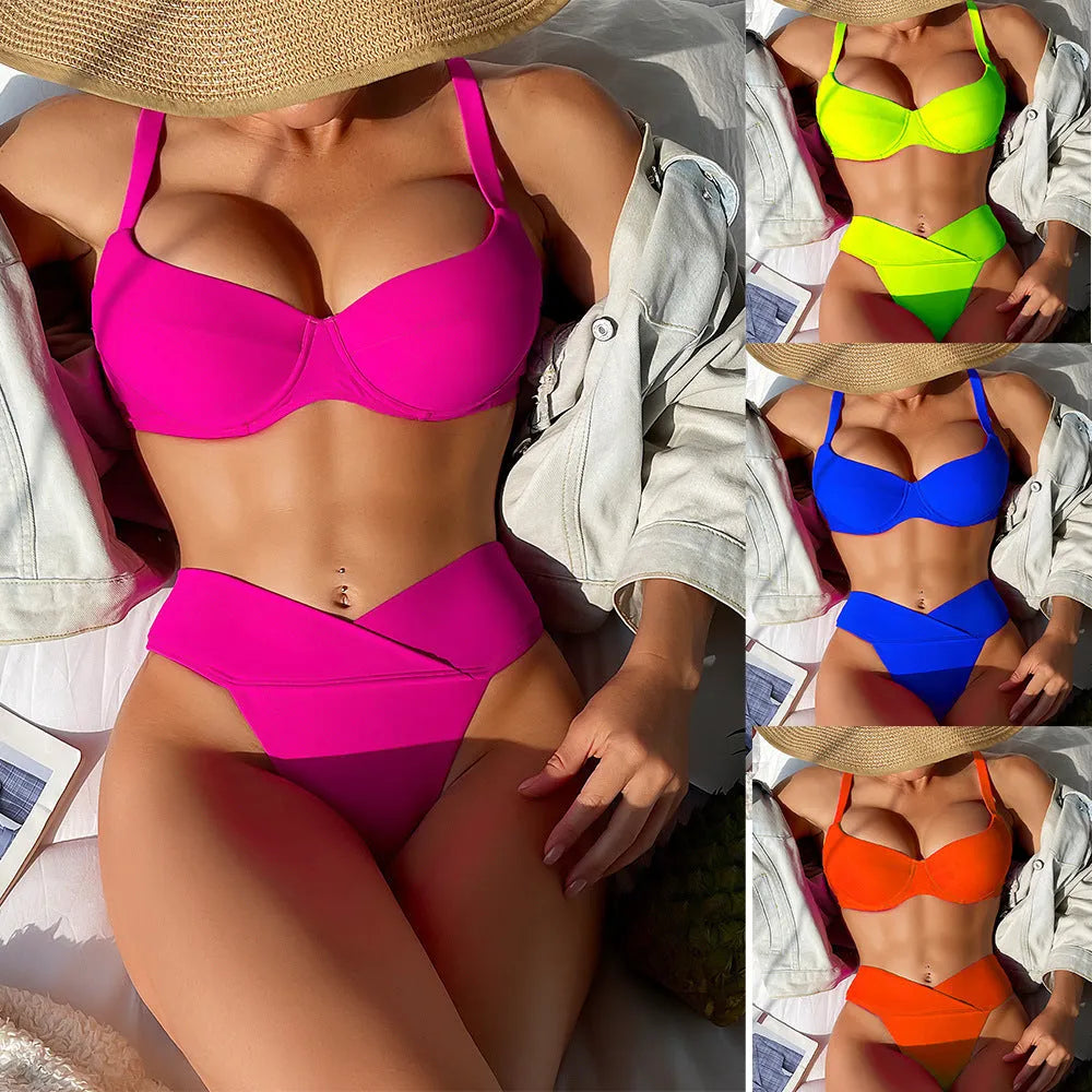 Solid colour fluorescent bikini swimsuit set on a white background, showing bra top and briefs.