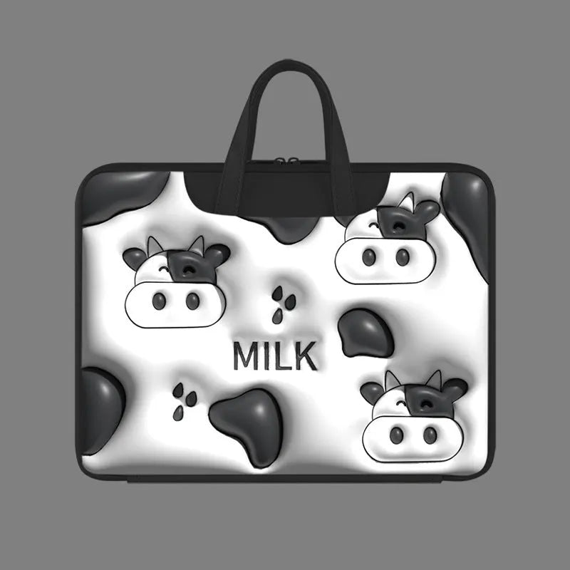 PU leather inflatable laptop bag with cartoon design, shown hanging from a suitcase handle.