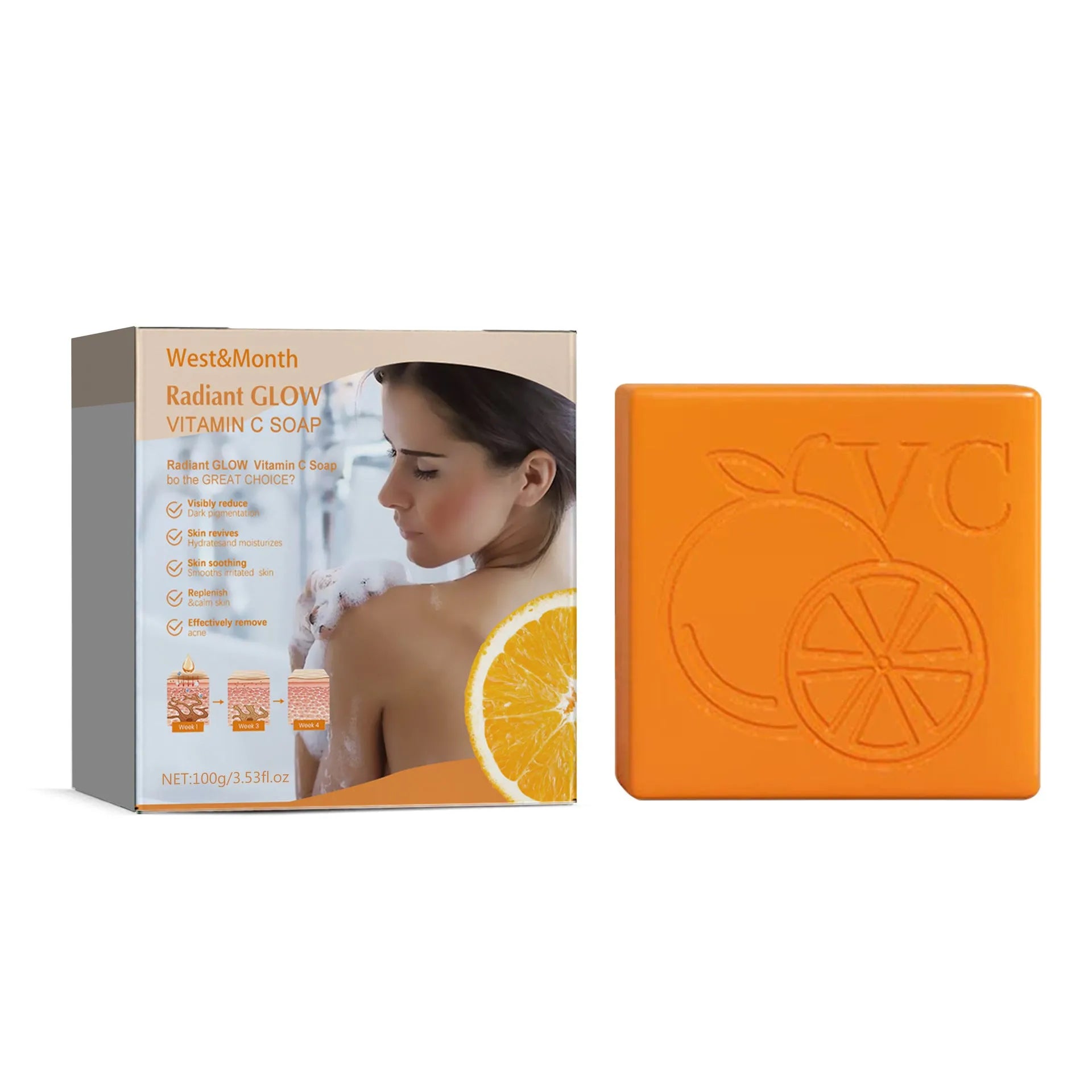 A single 100g bar of whitening vitamin body soap with kojic acid and botanical extracts.