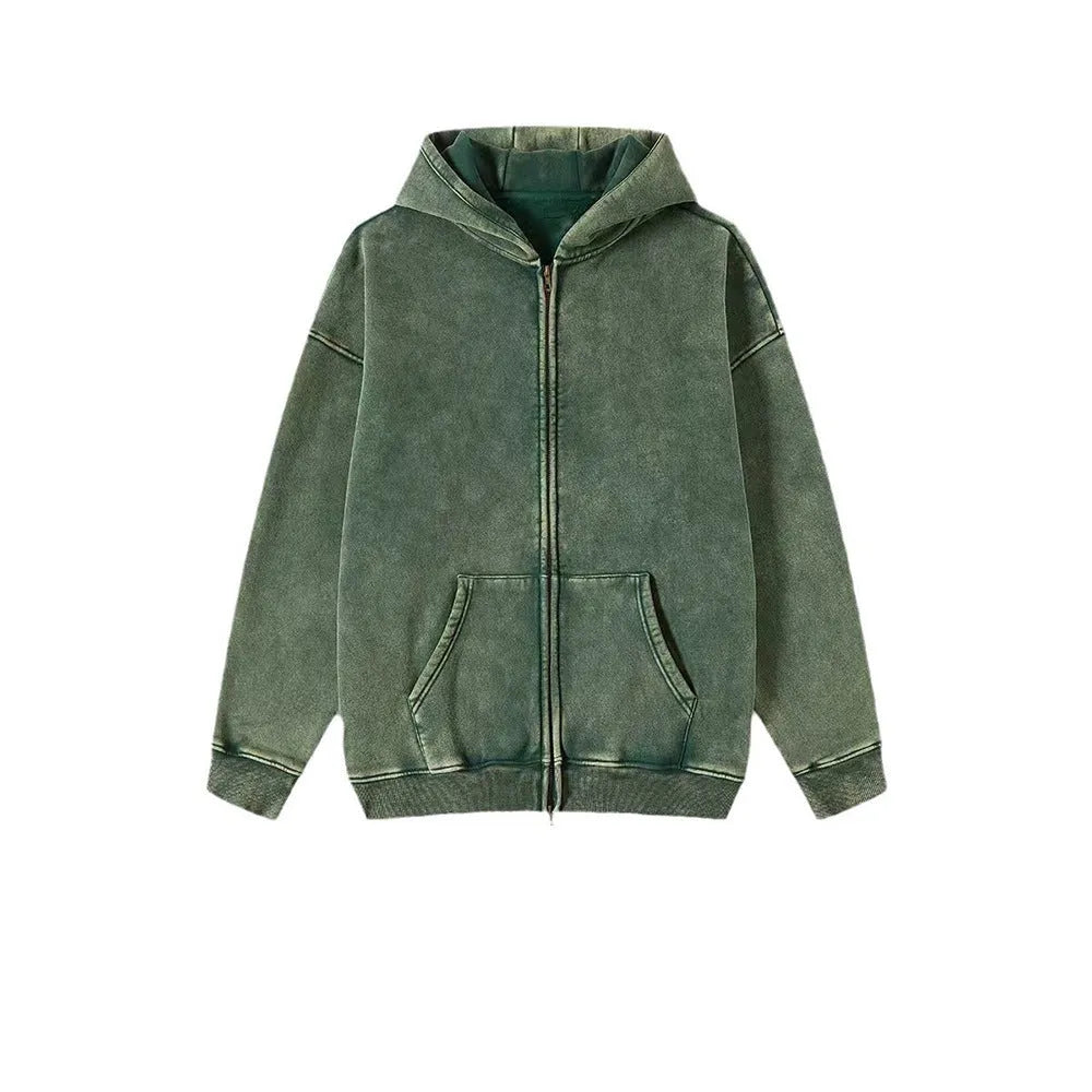 Men's washed cotton hooded cardigan with fleece lining and double zipper in vintage style