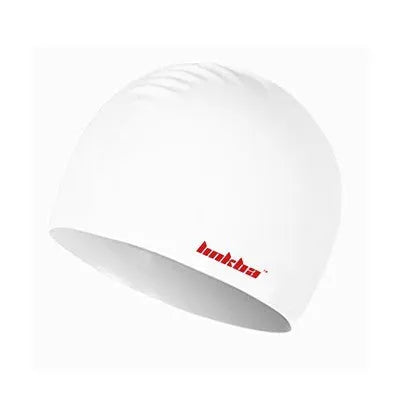 Silicone swimming cap with waterproof earmuffs in multiple colours on a blue background.