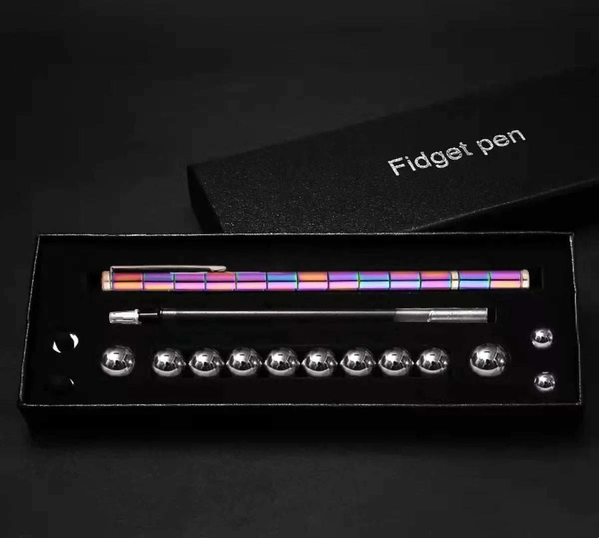 Magnetic modular pen with 13 rings, 12 steel balls, 3 refills, and capacitive head in silver iron box