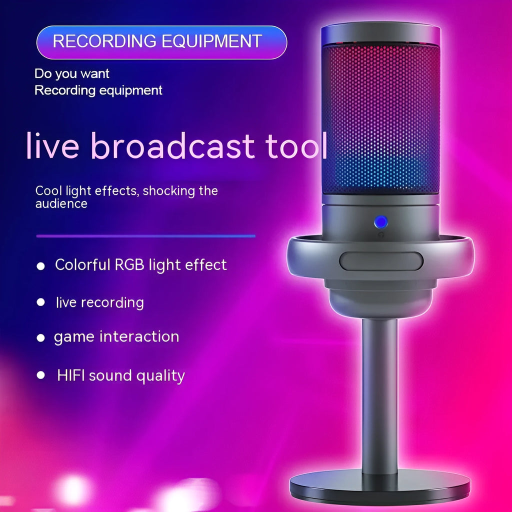 Condenser microphone with RGB lighting in black, white, or pink colours, with a 150cm data cable for computer recording.
