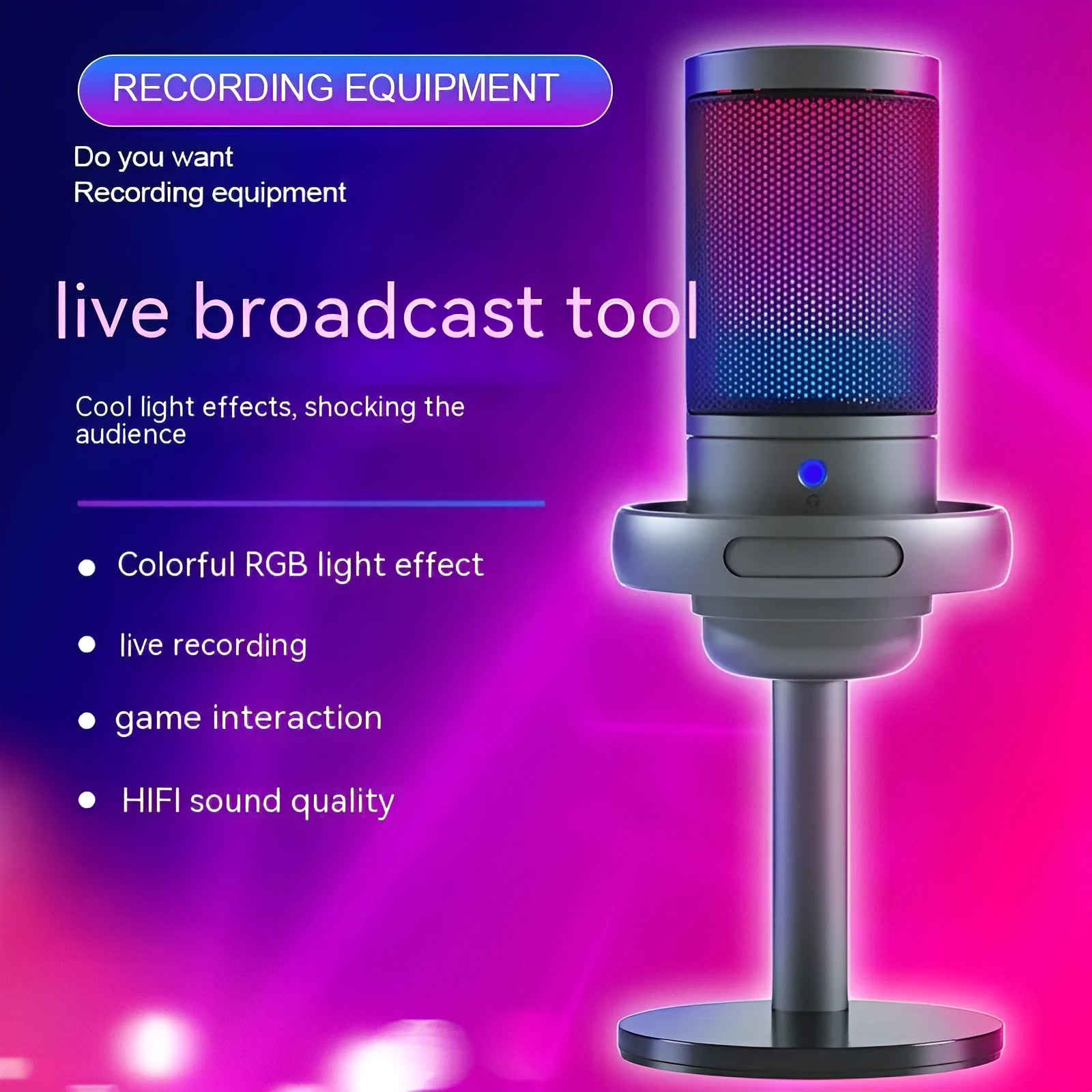 Condenser microphone with RGB lighting in black, white, or pink colours, with a 150cm data cable for computer recording.