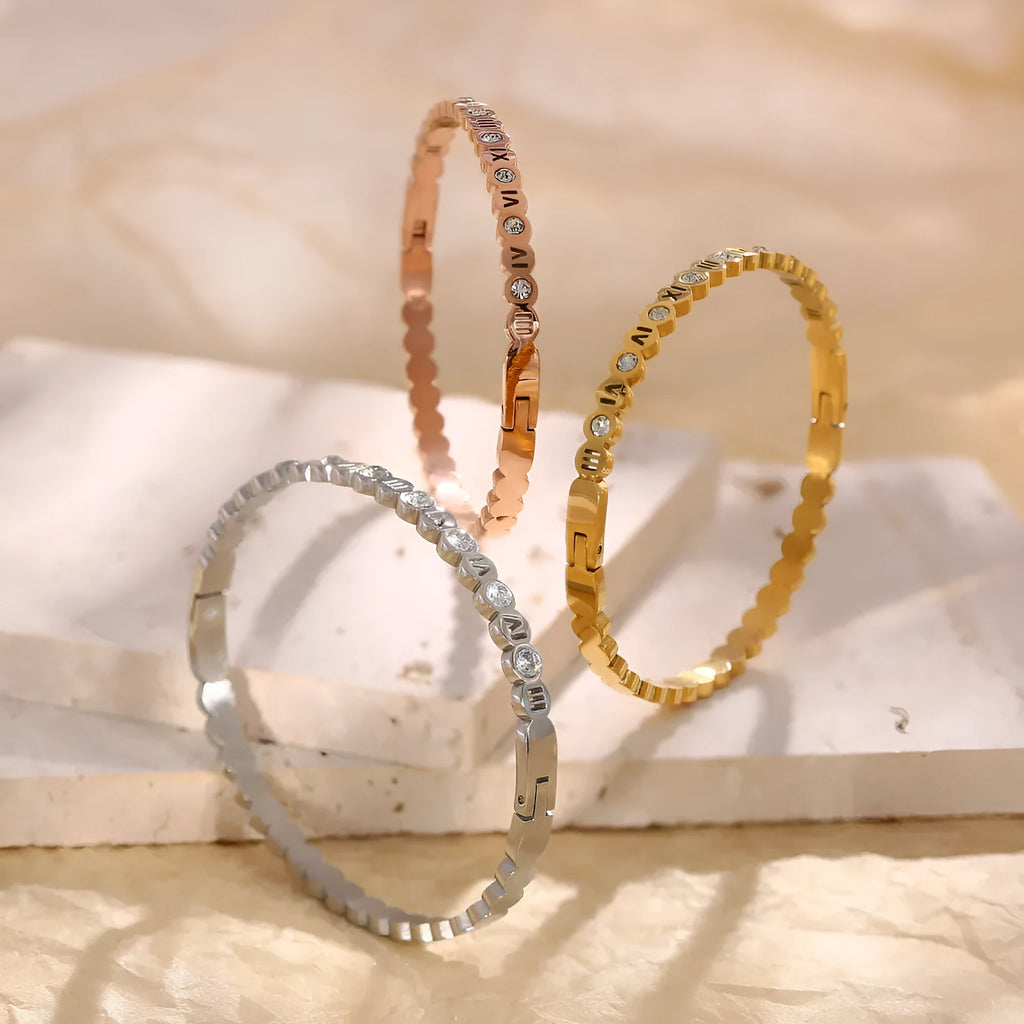 Korean style titanium steel bracelet with number details in gold, rose gold, or steel colour