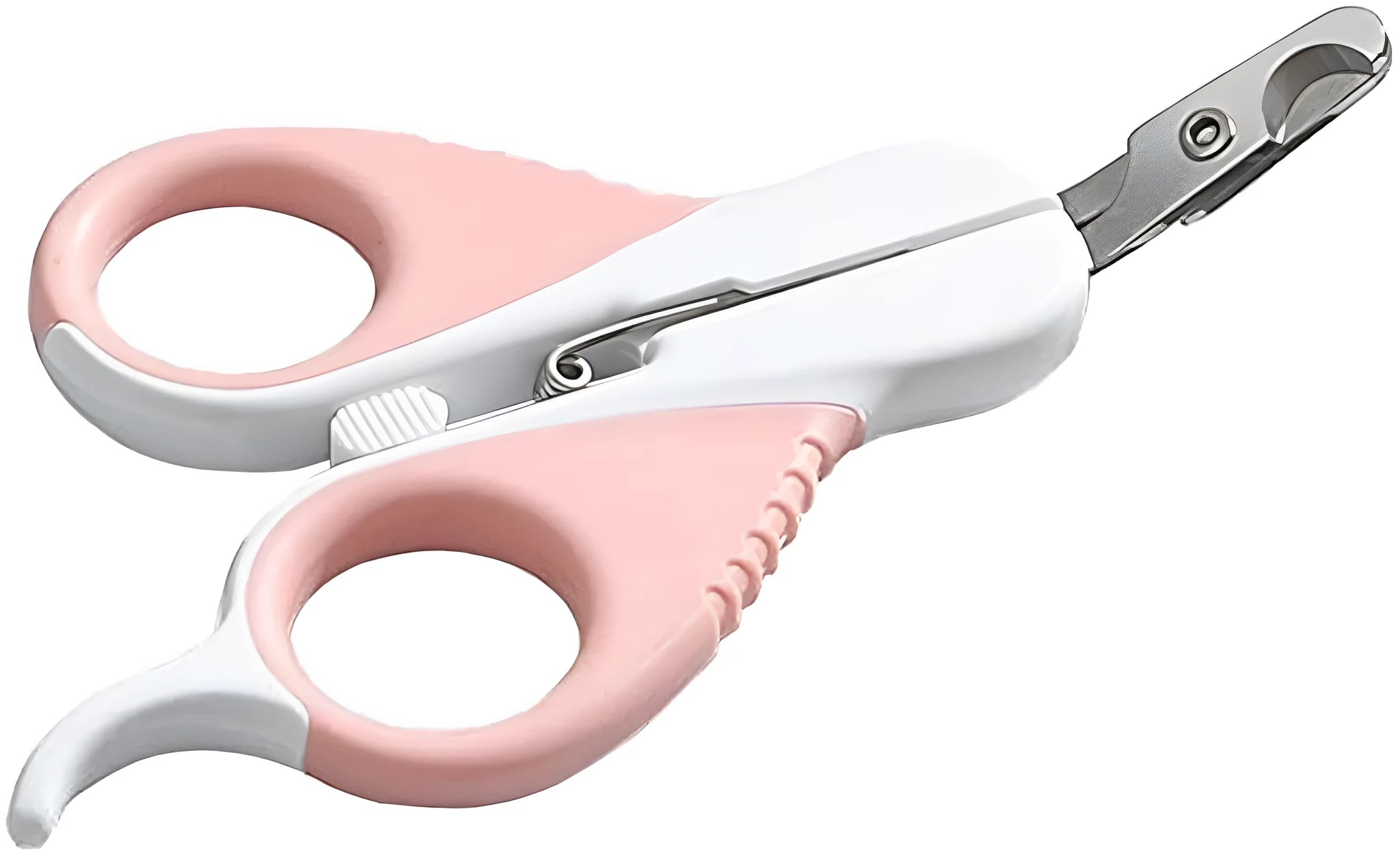 Grey and pink angled cat nail clippers with safety lock and rubberised handles.