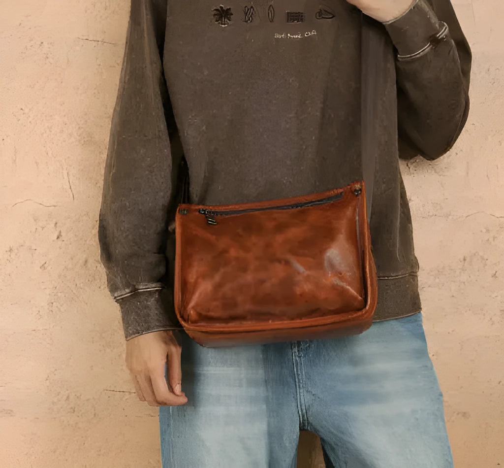 Men's brown genuine leather crossbody bag large capacity single shoulder commuting travel
