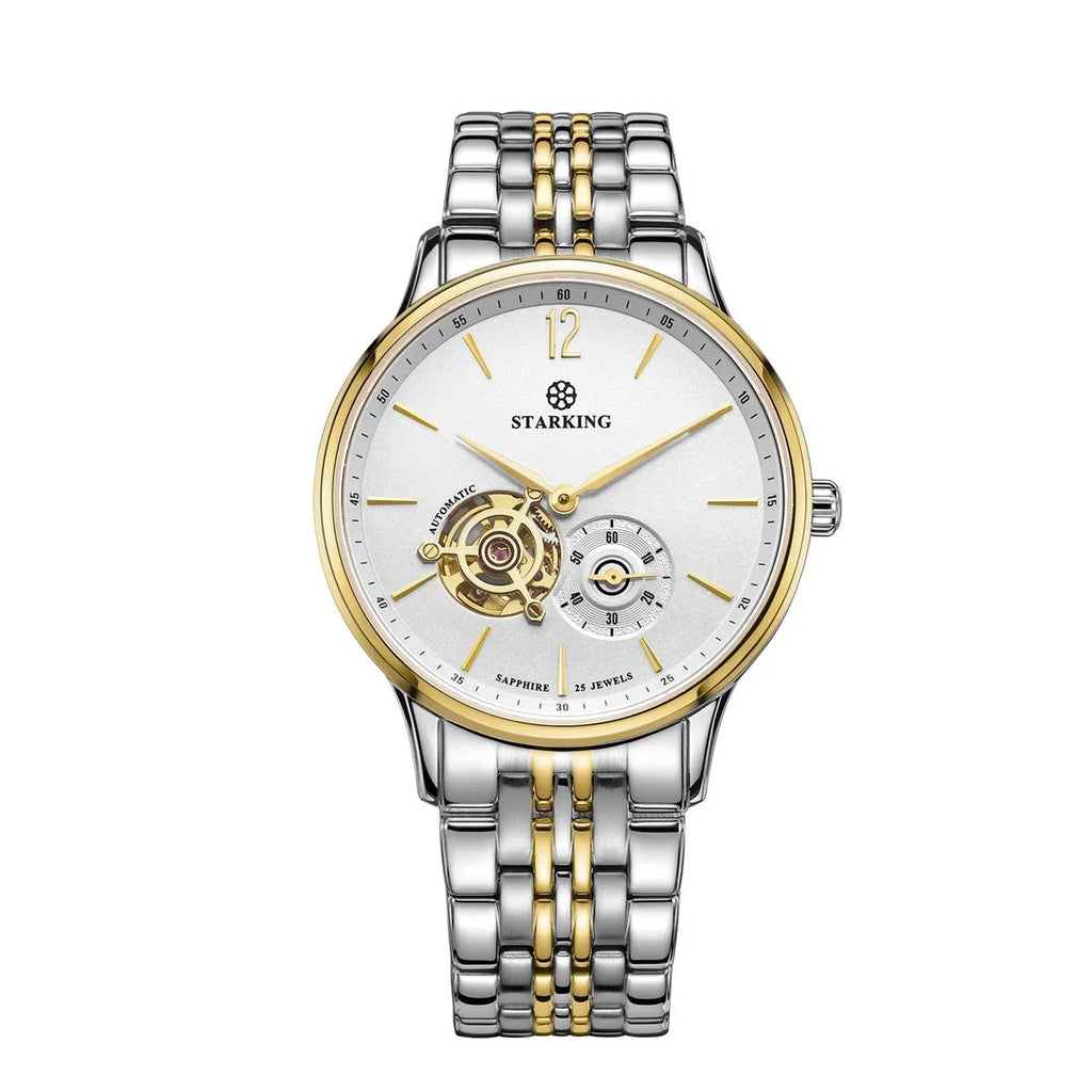 Automatic mechanical men's business watch with brown leather strap and white dial