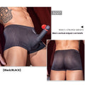 Men's black vertical stripe underwear showing elastic waistband and breathable nylon fabric