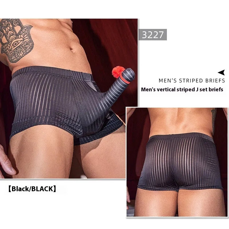 Men's black vertical stripe underwear showing elastic waistband and breathable nylon fabric