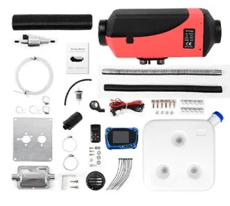 Red and black 12V 24V diesel air heater kit with fuel tank and installation components for vehicle cabin heating.