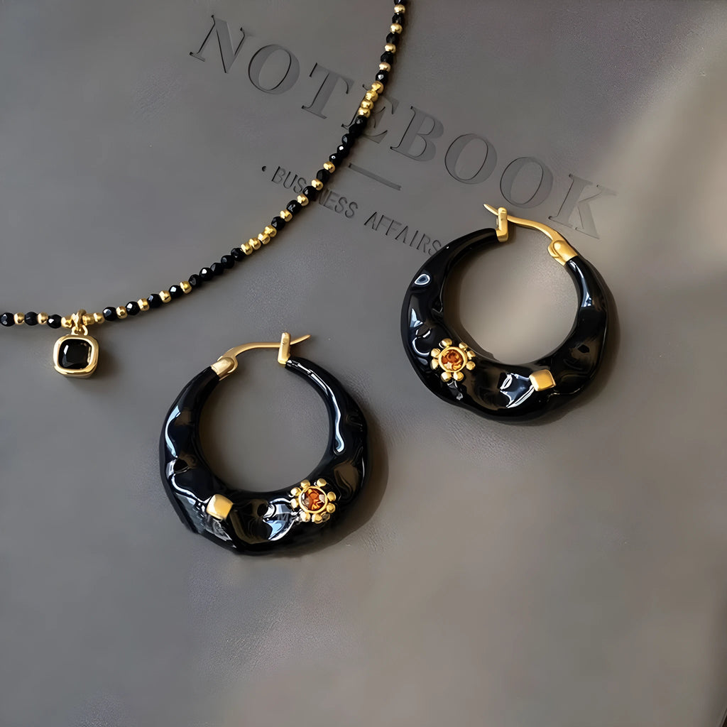 Hong Kong style retro alloy ear studs with rhinestone inlays and hand-dripped oil glossy finish