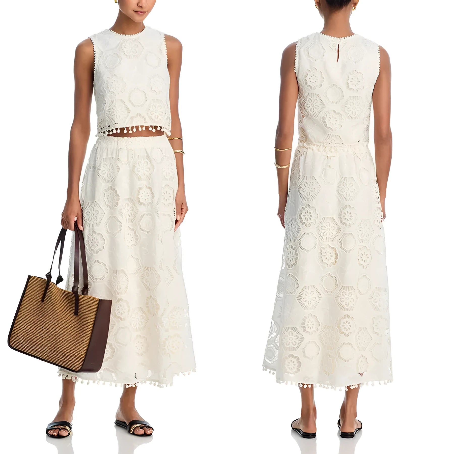White women's sleeveless top and long skirt suit with retro embroidery detail on polyester fabric