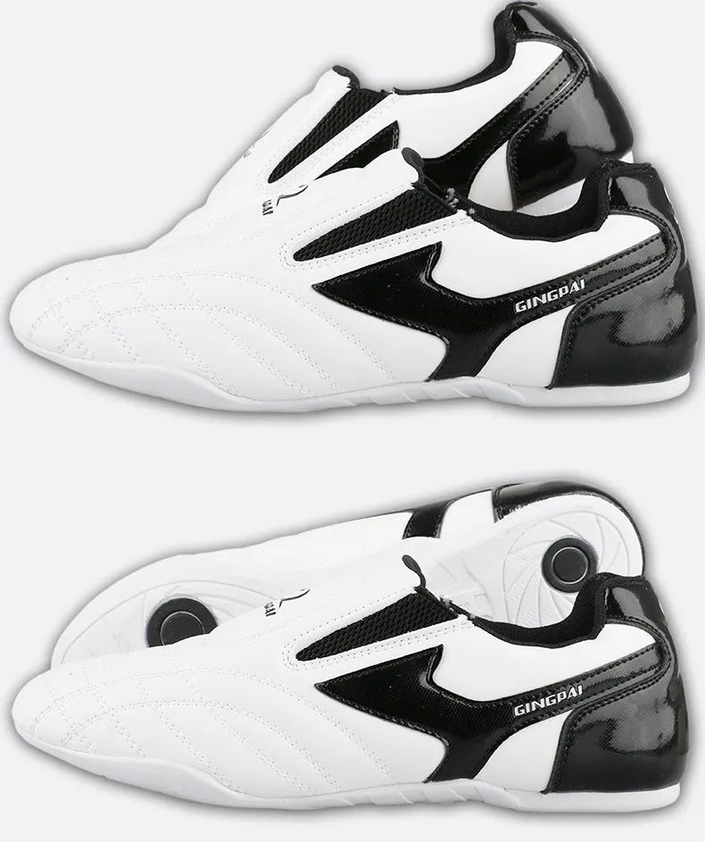 Black and white children's boxing shoes with soft bottom and widened Sanda design
