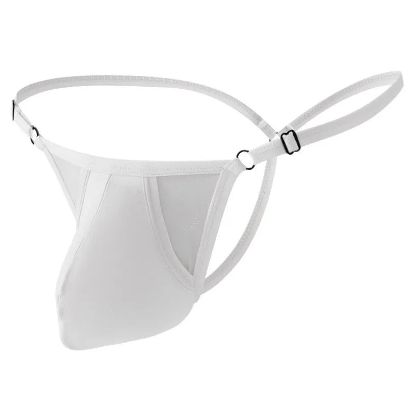 Men's Ice Silk nylon T-back briefs with thin straps and adjustable low-rise waistband.