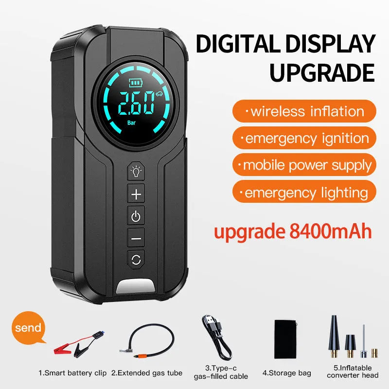Black portable wireless air pump with digital display, 13cm hose, and accessories including nozzles and power cable on a grey background.