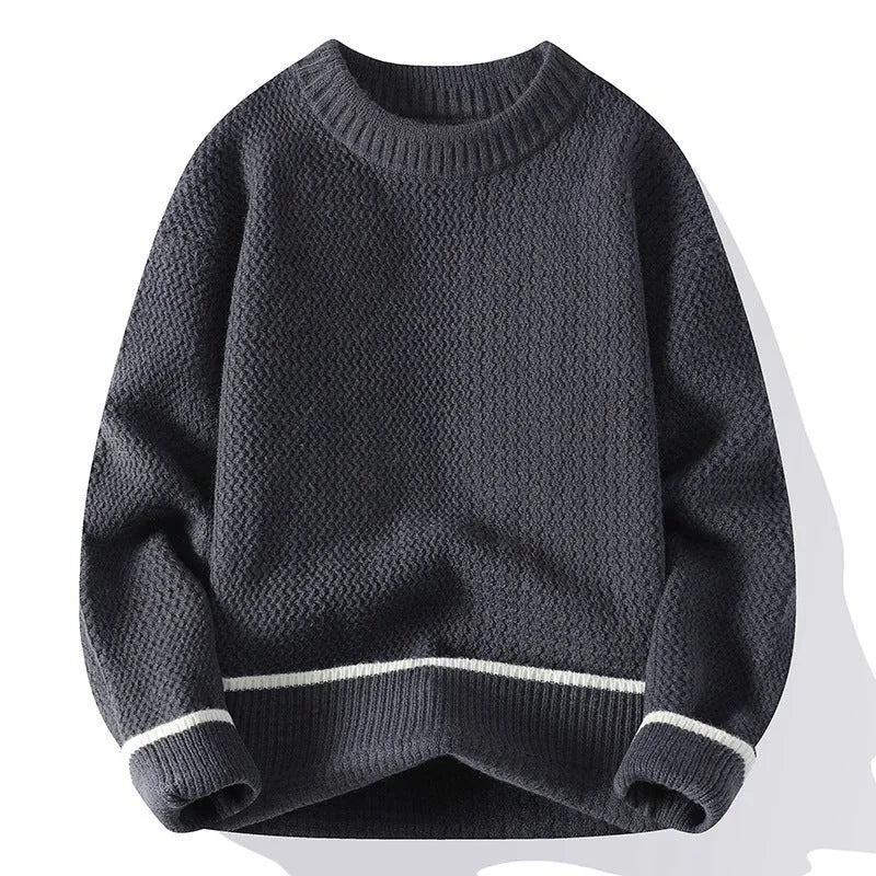 Men's grey loose-fit round neck pullover sweater with long sleeves for casual autumn wear