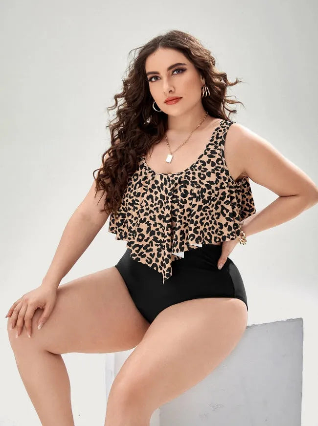 Plus size leopard print bikini swimsuit in graph colour with chest pad top and pants