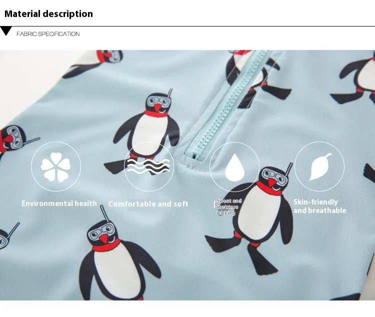 Boy's penguin long sleeves swimsuit one-piece with matching swim cap for sun protection