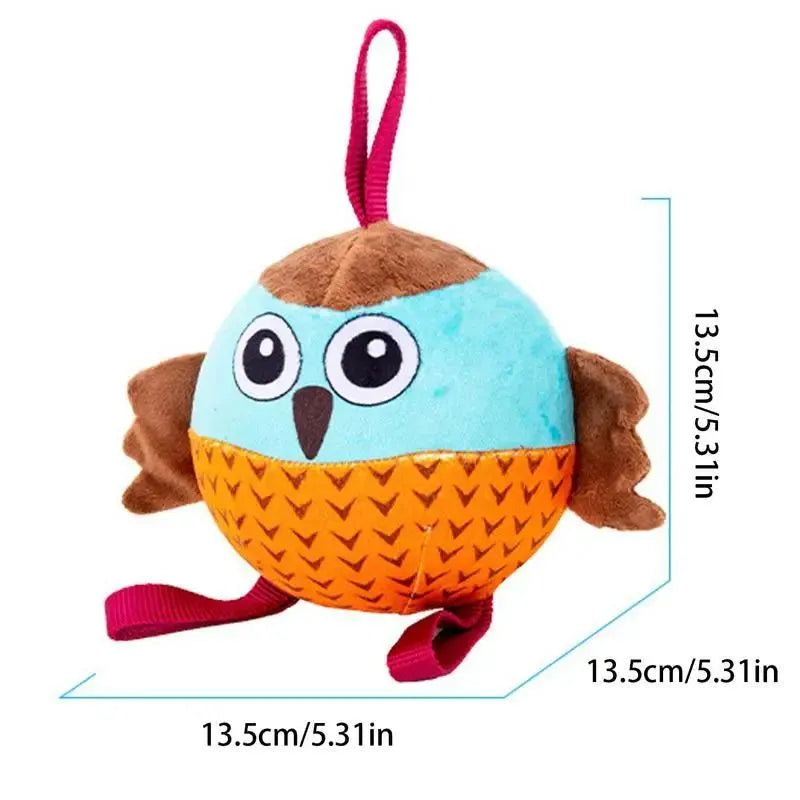 Orange interactive owl ball dog toy made from velvet and rubber for chewing and boredom relief