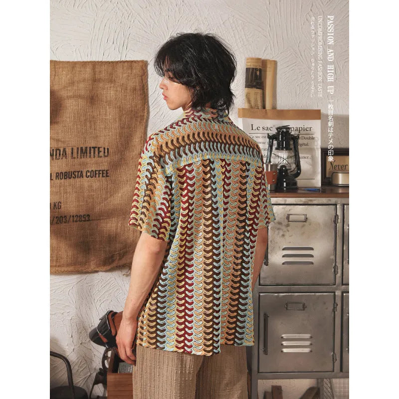 Japanese style Cuban collar men's shirt with hollow jacquard pattern in grey and red colours