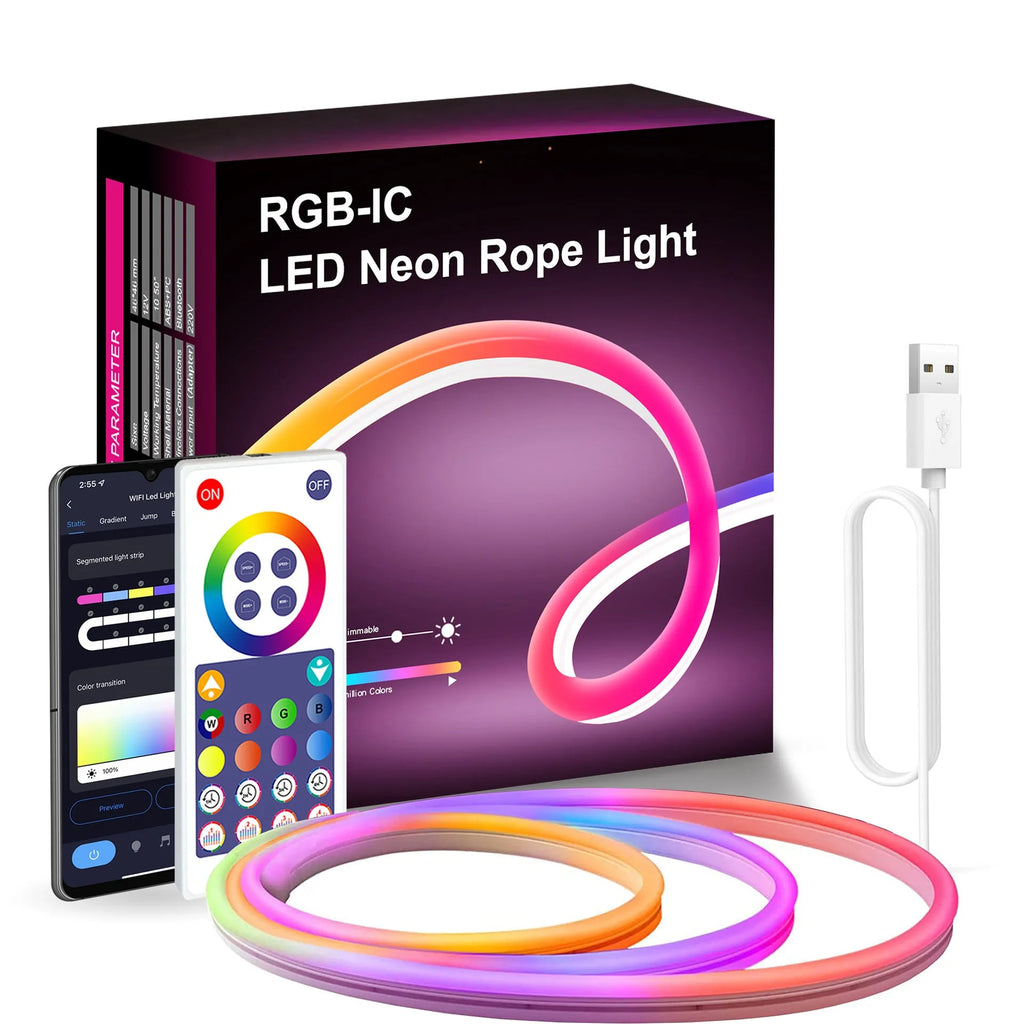 3 metre RGB LED neon strip lights with remote control for indoor lighting installations