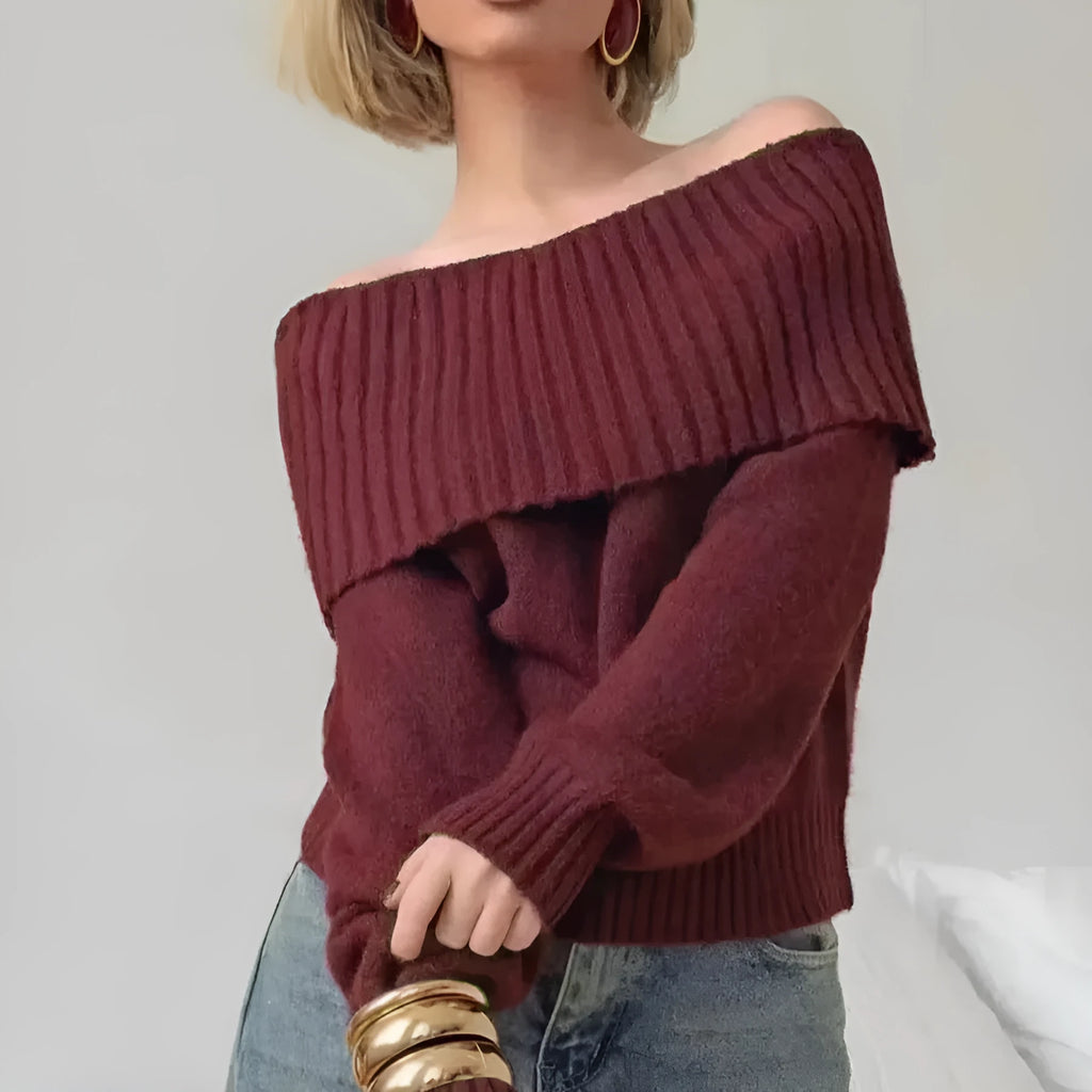 Gray off-the-shoulder strapless sweater with 3D pattern texture and regular sleeves