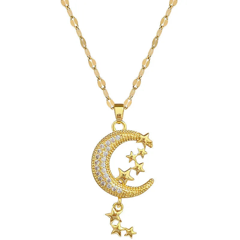 Geometric moon necklace with stainless steel chain and copper pendant centrepiece
