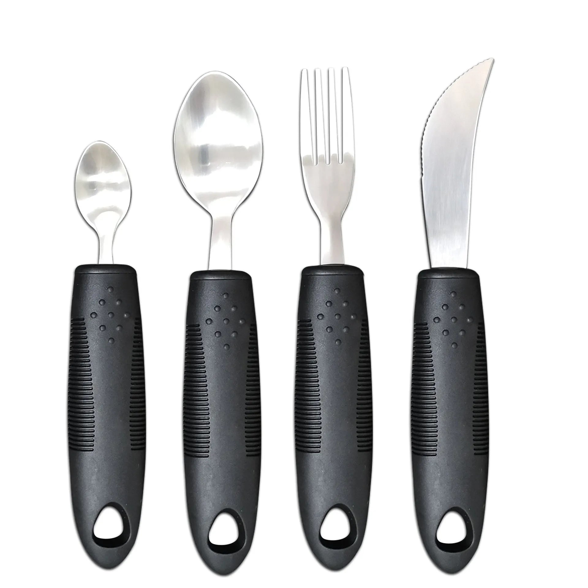 Stainless steel adaptive tableware with rubber handles in black and grey curved and straight designs