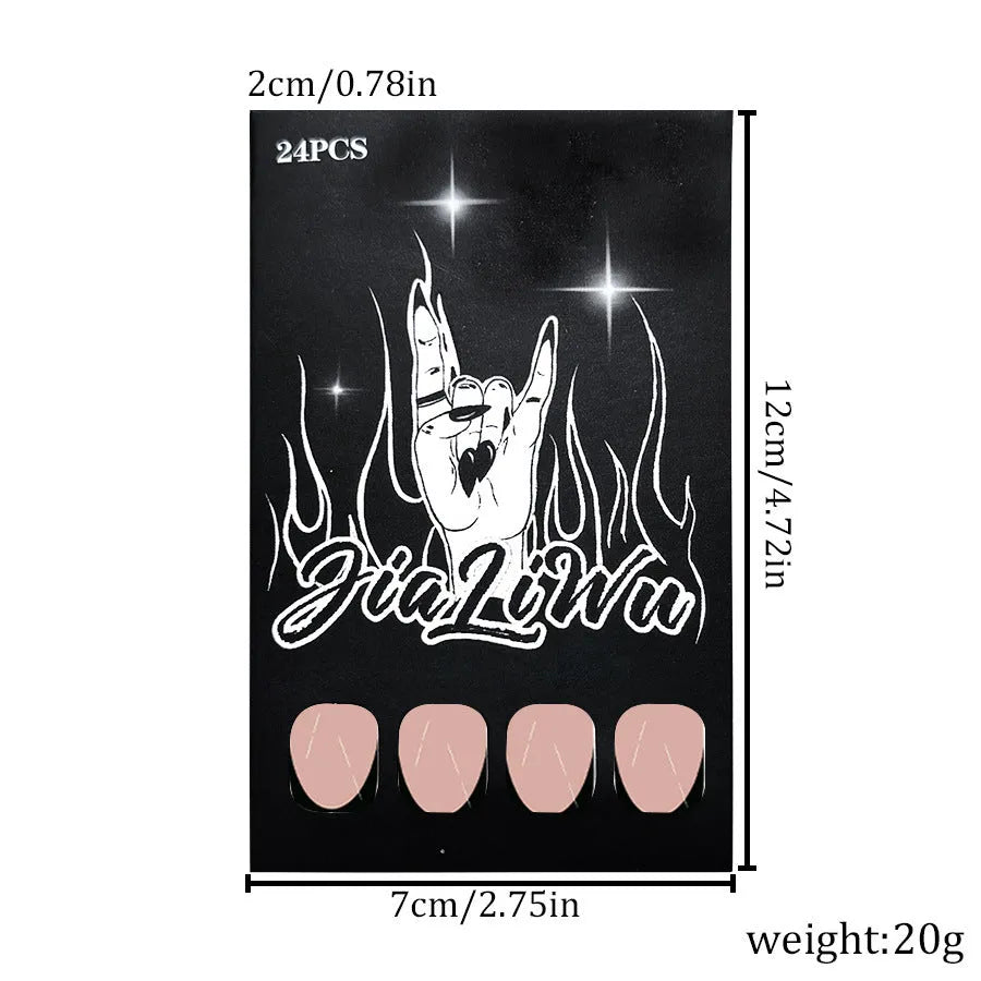 Set of 24 short almond-shaped false nails in a simple black French style design on a white background.