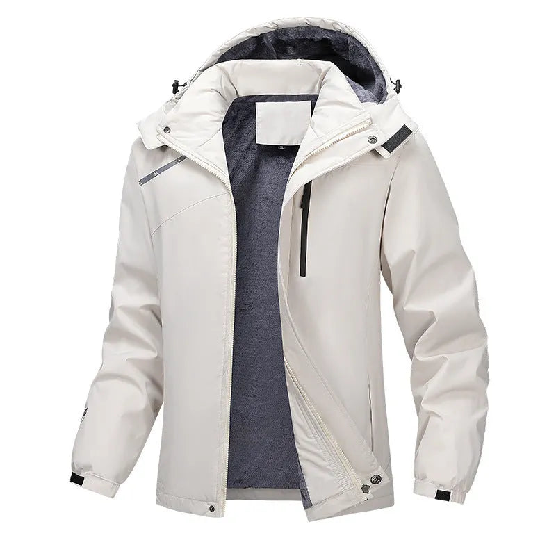 Plus-size men's hooded waterproof coat in Army Green colour showing loose fit and functional design.