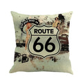 Square linen cushion cover with Route 66 landscape pattern, shown in one of six available colours.