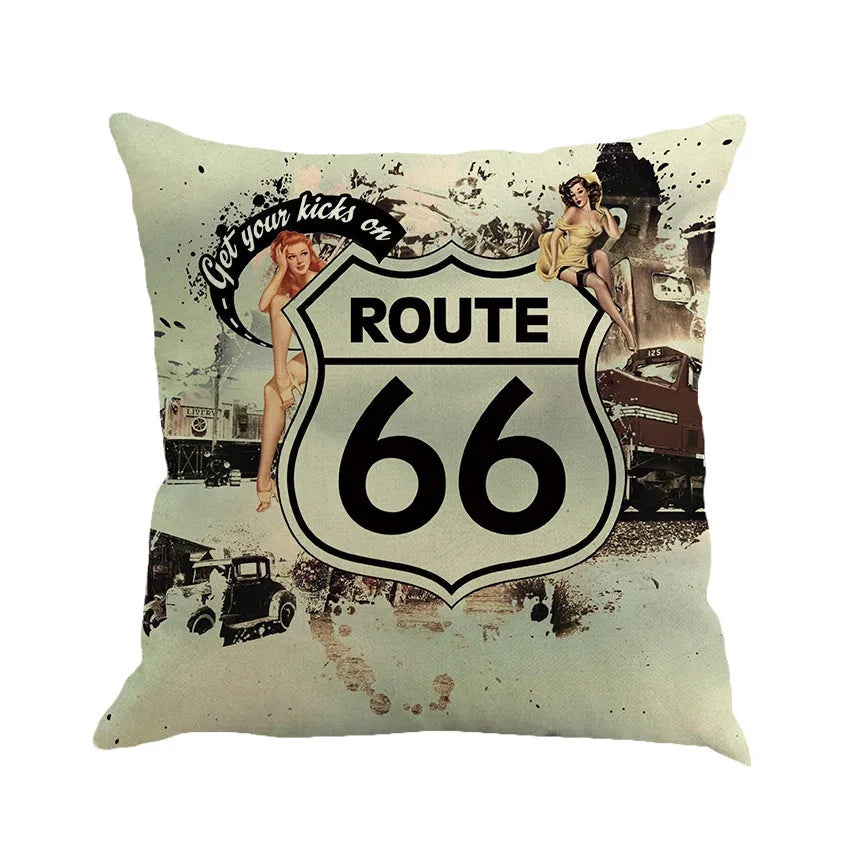 Square linen cushion cover with Route 66 landscape pattern, shown in one of six available colours.