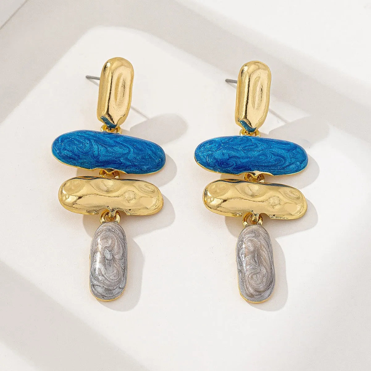 Geometric zinc alloy stud earrings with electroplated multicolour finish for women