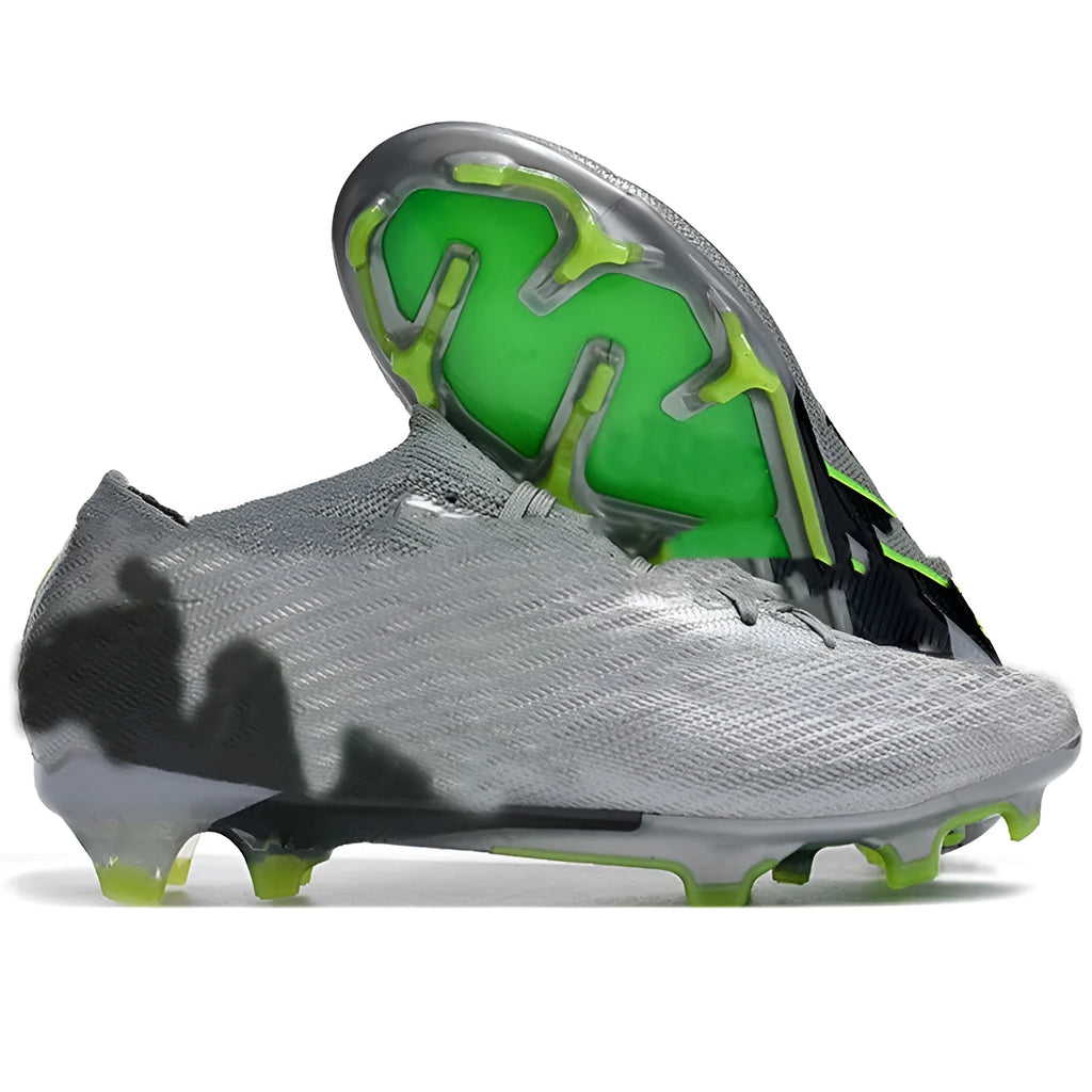 Men's low top waterproof knitted football shoes with FG rubber studs on white background