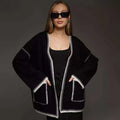Lace-up front imitation cashmere knitted cardigan in loose mid-length fit showing black, camel, and white colour options