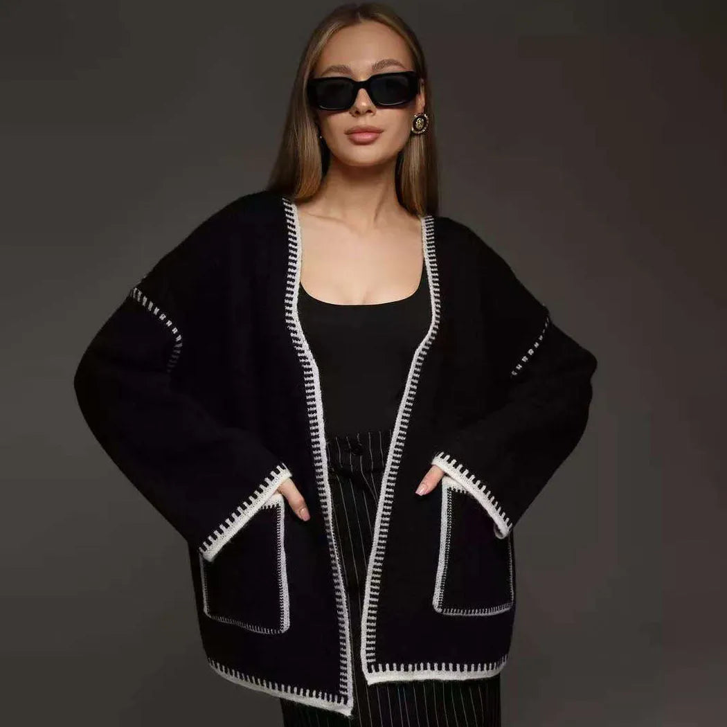 Lace-up front imitation cashmere knitted cardigan in loose mid-length fit showing black, camel, and white colour options