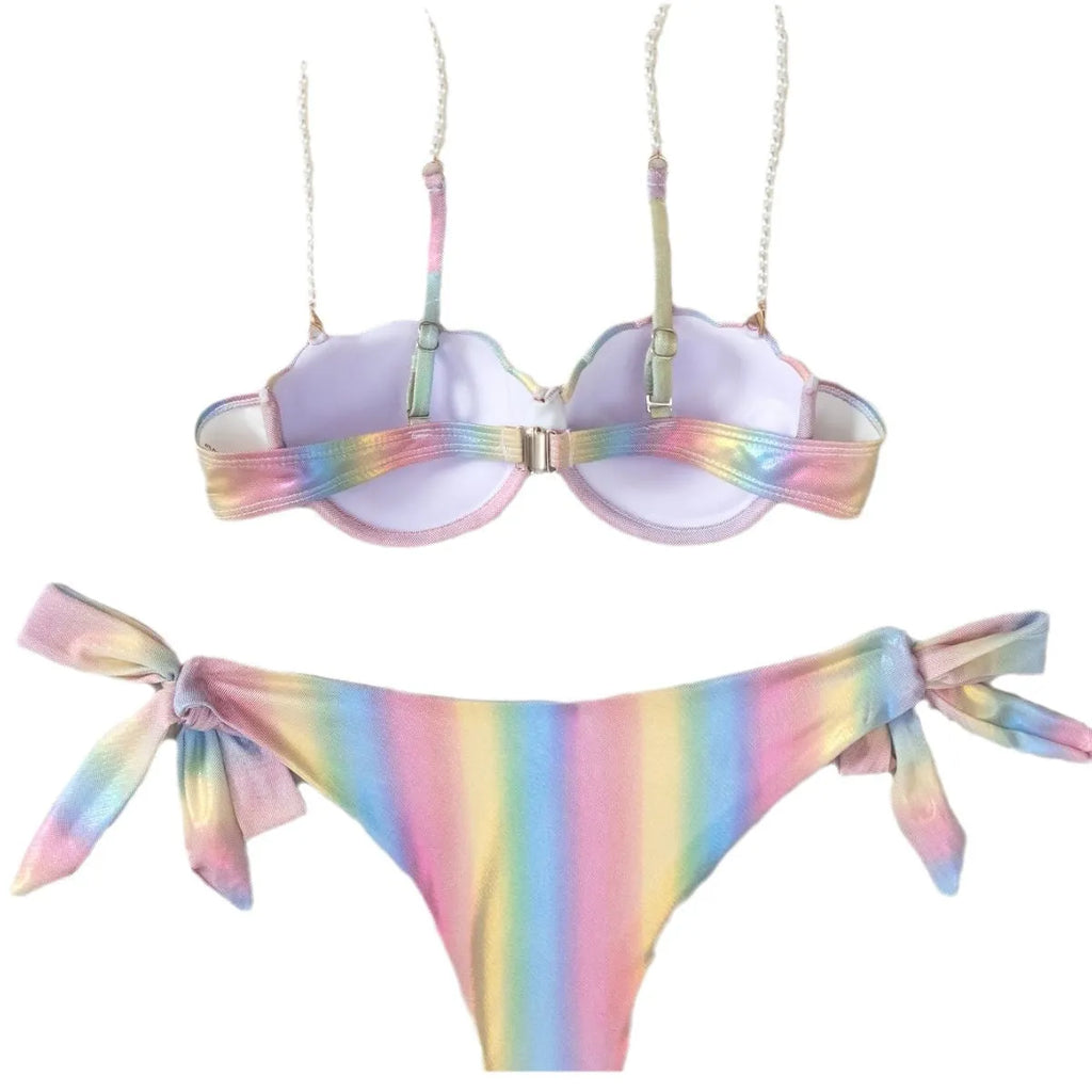 Women's shell rainbow pattern bikini swimsuit with split tied halter top and brief bottom