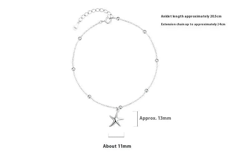 S925 sterling silver anklet with a starfish charm and round beads on an adjustable chain.