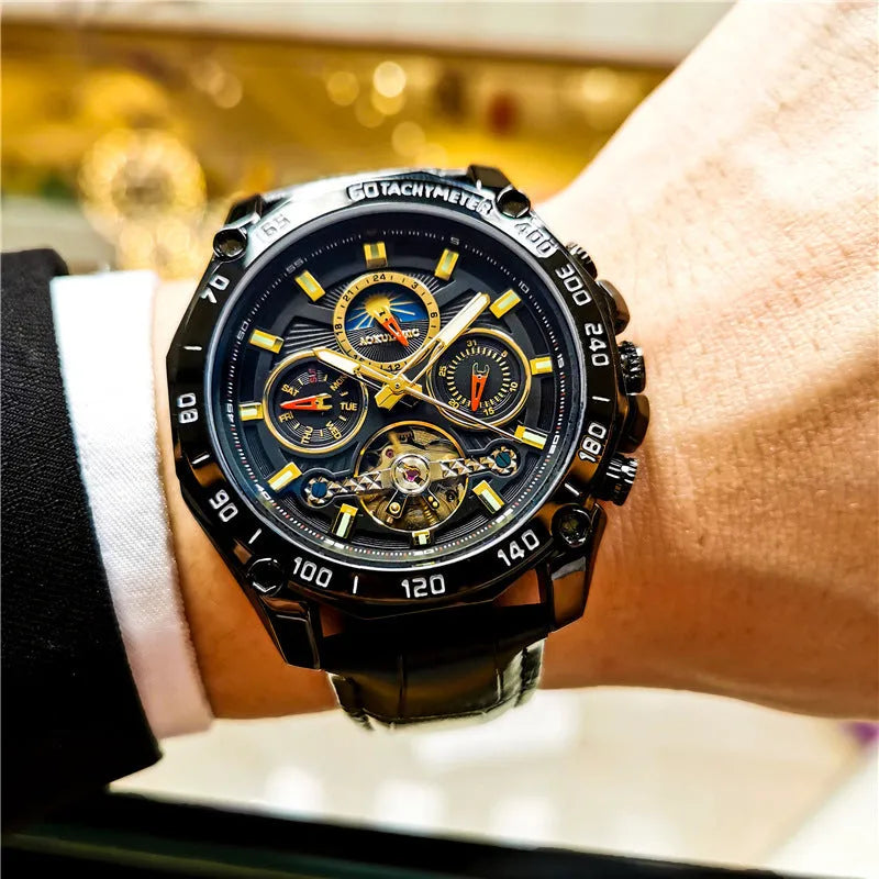 Men's automatic mechanical watch with silver case and black dial showing 12mm thickness