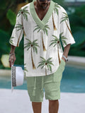 Men's casual short sleeve suit set with loose-fitting top and elastic waist shorts in solid colour